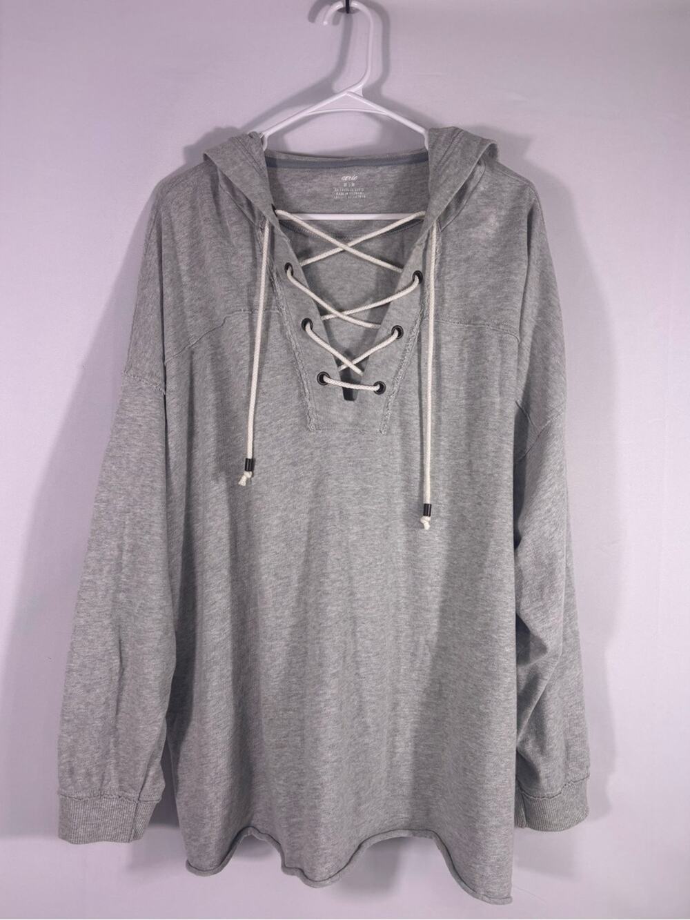 Aerie Lace Up Hoodie Gray Oversized Soft Cotton Sweatshirt Casual Athleisure Med